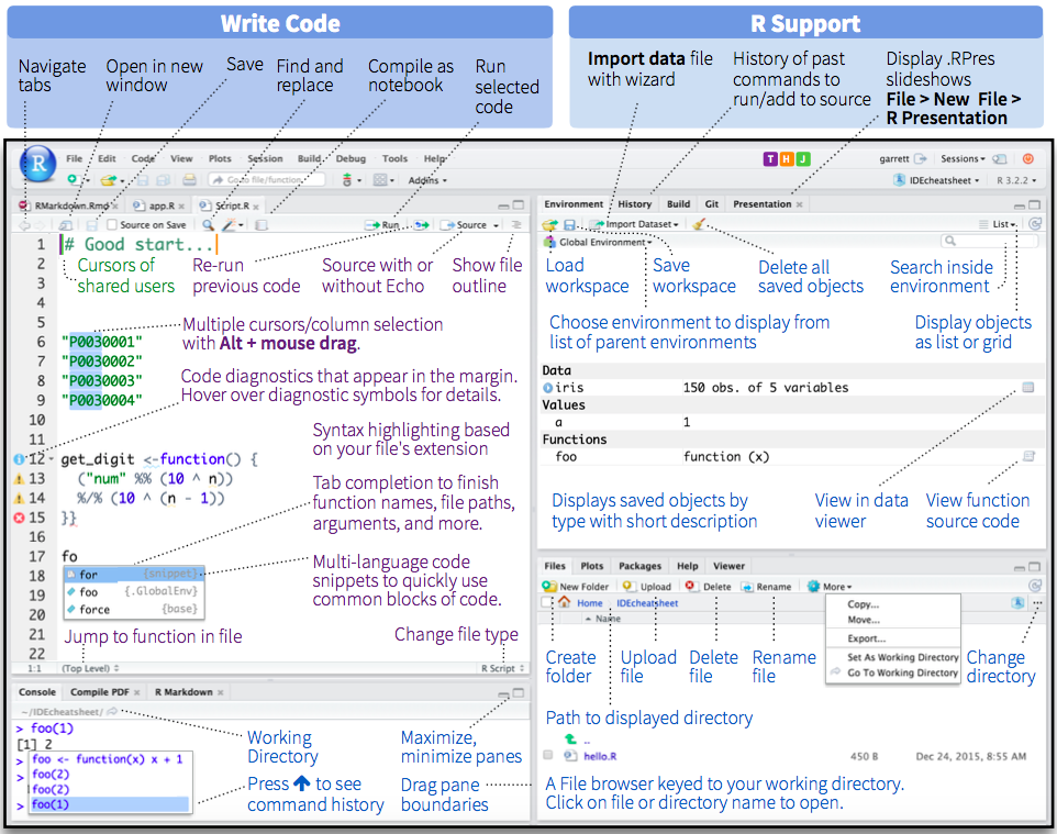 Main window of `RStudio`. The red shows the code panel and the yellow shows the console output. Extracted from [here](https://www.rstudio.com/wp-content/uploads/2016/01/rstudio-IDE-cheatsheet.pdf).