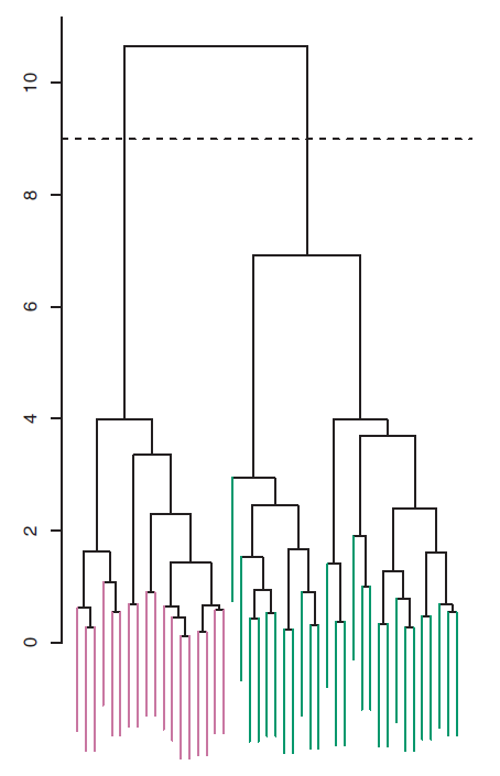 The dendrogram from the simulated dataset, cut at a height of nine (indicated by the dashed line). This cut results in two distinct clusters, shown in different colors.