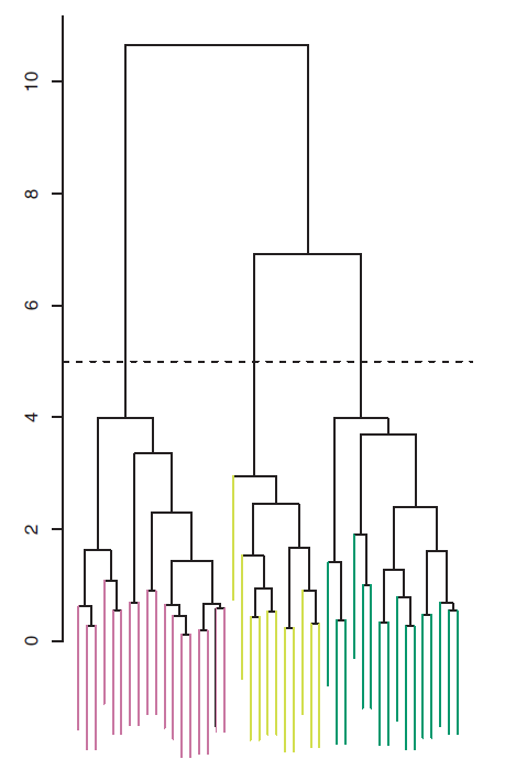The dendrogram from the simulated dataset, cut at a height of five (indicated by the dashed line). This cut results in three distinct clusters, shown in different colors.